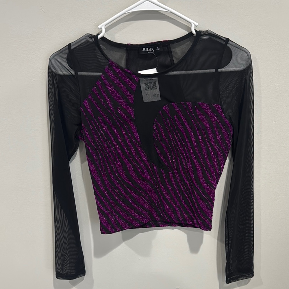 Purple and Black Asymmetrical Fitted Long Sleeve Blouse
